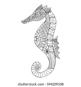 Handmade drawing of a seahorse on a white background in the style of zen tangle. The image to book coloring pages for relax and meditation. Vector illustration.