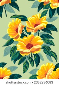 Handmade drawing seamless pattern with beautiful garden flowers and leaves. Vector illustration.