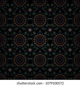 Handmade drawing. Seamless pattern with snowflakes, doodles and dots in brown, yellow and blue colors on black background. For the Christmas design and decoration.