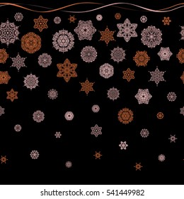 Handmade drawing. Seamless pattern with snowflakes, doodles and dots in orange colors on black background. Watercolor painting effect. For the Christmas design and decoration.