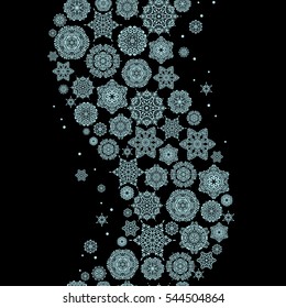 Handmade drawing. Seamless pattern with snowflakes, doodles and dots in neutral colors on black background. For the Christmas design and decoration. Watercolor painting effect.