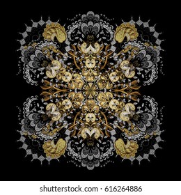 Handmade drawing. Snowflakes, doodles and dots in black colors on black background. Watercolor painting effect. For the Christmas design and decoration.
