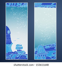 Hand-made drawing vector banners  in shades of blue.