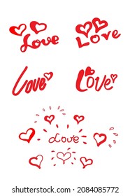 Handmade drawing vector of valentine hearts and love. Decorative red heart elements isolated on a white background.
