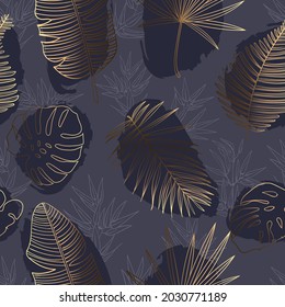 Handmade drawn Jungle seamless pattern with tropical leaves in chocolate cream shades and vintage retro style.