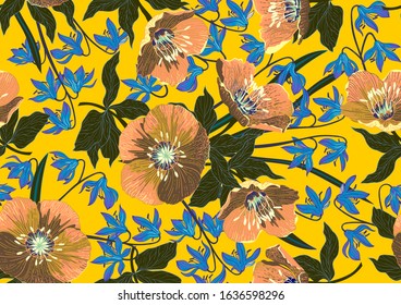 Padrão sem costura desenhado artesanal com belas flores e folhas de primavera. Ilustração vetorial, estilo retrô.