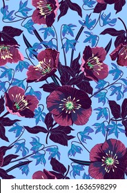 Handmade drawn seamless pattern with beautiful spring flowers and leaves. Vector illustration, retro style.
