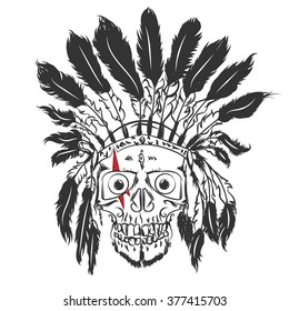 Handmade drawning Skull with indian feather hat. Grunge print template. Vector art.