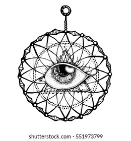 
Handmade. Dreamcatcher Native American mascot with the eye. Vector hipster illustration isolated. Ethnic design, Boho chic, tribal symbol, Tattoo, medallion, locket,  roundel, Charm, amulet, print