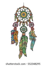 Handmade Dreamcatcher, vector isolated on white background illustration. Boho, tribal and ethnic style art. Retro element.