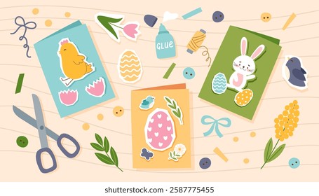 Handmade Easter greeting cards background. Concept Easter banner. Eco-friendly Easter, sustainability. Vector hand drawn illustration.