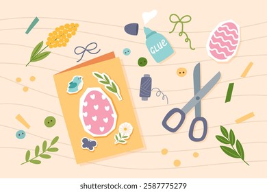 Handmade Easter greeting cards making. Concept Easter banner. Eco-friendly Easter, sustainability. Vector hand drawn background.