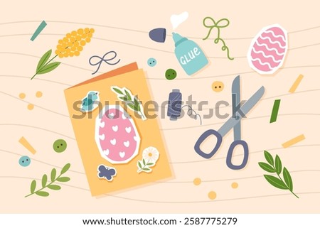 Handmade Easter greeting cards making. Concept Easter banner. Eco-friendly Easter, sustainability. Vector hand drawn background.
