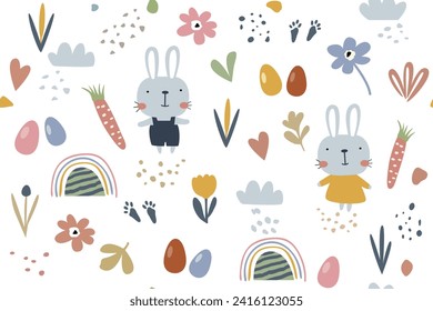 Patrón de Pascua hecha a mano, conejos de niños y niñas, huevos y flores, varios elementos en colores pastel. Diseño de estilo plano sobre fondo blanco, perfecto para banners, papel pintado, embalajes, textiles.