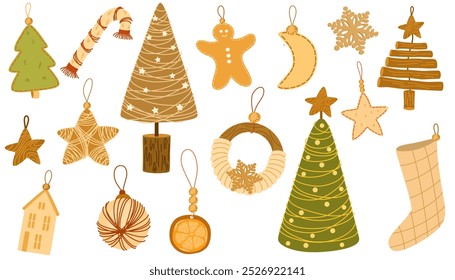 Handmade eco Christmas toys. Organic decorations. Zero waste plastic free concept. Ecological holiday. Eco friendly decor. Flat vector illustrations isolated on white background