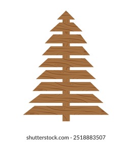 Handmade eco Christmas tree from wooden planks. Creative ecological winter holidays decoration isolated on white. Vector flat design element. Zero waste, plastic free concept