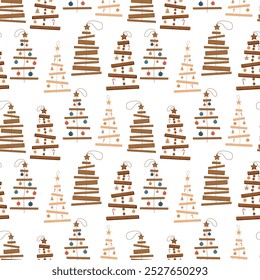 Handmade eco friendly Christmas Trees seamless Pattern. Winter Holidays preparing Background. Natural Organic reusable Pine fir spruce. Homemade New Year Decoration. Pattern for package wrapping