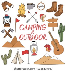 Handmade elements of camping and outdoor recreation, isolated on a white background. Cute background full of icons perfect for summer camp flyers and posters. Vector illustration.