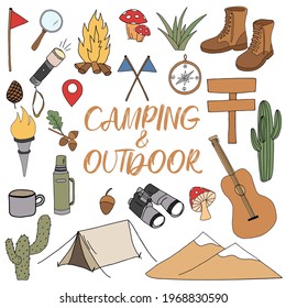 Handmade elements of camping and outdoor recreation, isolated on a white background. Cute background full of icons perfect for summer camp flyers and posters. Vector illustration.