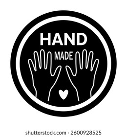 Handmade emblem, icon, stamp for handmade products. Round logo, hands, heart and text. Isolated vector illustration