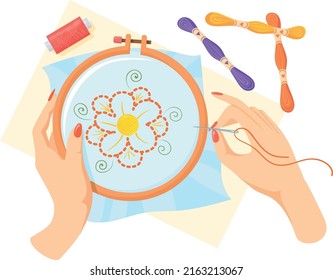 Handmade embroidery icon. Sewing hands. Female hobby isolated on white background