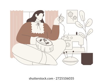 Bordado artesanal ilustrações isoladas do vetor do desenho animado. Mulher sorridente segurando agulha e linha, negócio de bordados artesanal, setor de serviços, indústria da beleza, processo de costura vetor cartoon.