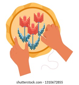 Hilos de bordado hechos a mano y tulipán de lienzo flores vectores de manos aisladas decoración artesanal y diseño de costura textil o de tela o hobby artesanal y actividad de ocio taller de arte adorno floral.