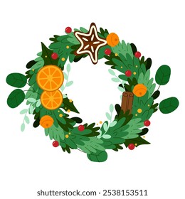 Handmade eucalyptus berry wreath. Vector frame or icon isolated on background. Christmas wreath sign. Woven evergreen plant twigs for the home decoration. Circle plant crown or garland.