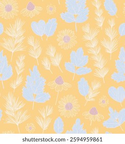 Handmade Floral pattern with light blue leaves and white and yellow flowers on yellow background, for gift wrap and wallpaper