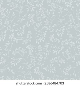 Handmade floral pattern in pastel colors. Seamless pattern of flowers, leaves and twigs. Beautiful simple floral decor in blue monochrome tones. 