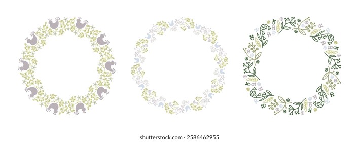 Handmade floral round frames in pastel colors. Frames of spring flowers, leaves and twigs. Beautiful simple lush wreaths.  Floral decor. A set of handmade vector drawings.