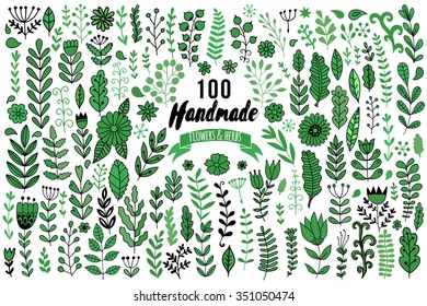 Handmade flowers and leaf elements set. Vector herbs set. Collection with leaf and flowers, hand drawn elements. Design elements for templates, wedding invitation or greeting cards. Set of flowers.