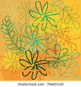 Handmade flowers and leaves on abstract colorful background
