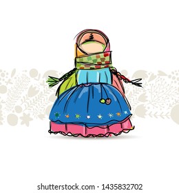 Handmade folk doll mascot, sketch for your design