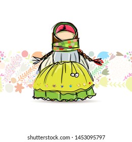 Handmade folk doll mascot, sketch for your design