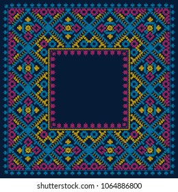 Handmade folk embroidery imitation. Seamless vector pattern. Colorful on dark.