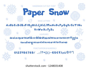 Handmade font, alphabet and symbols, paper craft design, cut out by scissors from paper. Vector illustration with letters and snowflakes.
