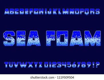 Handmade font and the alphabet with the texture of the waves, the splash of water. Cartoon water drops font, funny blue alphabet.
