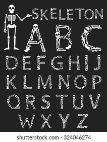 Handmade font with flat style design. Vector skeleton, bones and skull alphabet on a black background