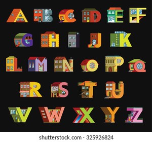 Handmade font with flat style illustration. Alphabetic house set on a black background