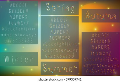 Handmade font. Hand drawn abc. Vector illustration. Seasonal style, design of winter, summer, spring and autumn with leaves, branches, flowers... Vivid colorful background with geometrical elements.