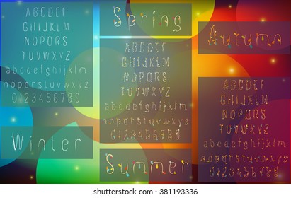 Handmade font. Hand drawn abc. Vector illustration. Seasonal style, design of winter, summer, spring and autumn with leaves, branches, flowers... Vivid colorful background with geometrical elements.