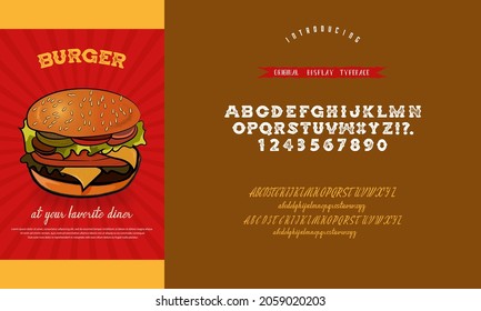 Handmade Fonts. Custom handwritten and hand-drawn alphabet with grunge texture. A set of letters. Vector font for logo, decoration, party poster, advertising banner. Hamburger. Vector illustration