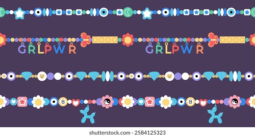 Handmade friendship accessories background. Seamless pattern of 2000s beaded bracelet for textile, wrapping paper, fabric.