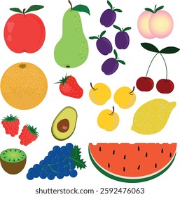  Handmade fruits. Doodle natural fruits, organic apple, vitamin lemon and citrus orange. Grape, avacado, sweet peach and watermelon vector set
