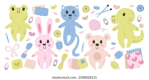 Handmade funny toys puppets sewing with needles, threads, buttons, fabric cloth hobby activity set. Creative handcraft rabbit, cat, frog, crocodile and bear and making accessories vector illustration