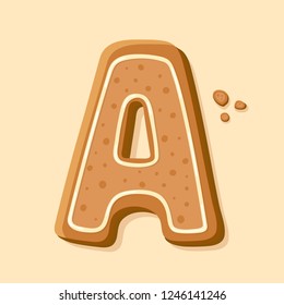 Handmade gingerbread letter A. Traditional Christmas cookie vector illustration. Cartoon style symbol. Art design letter.