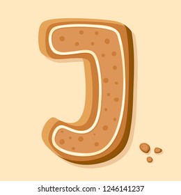 Handmade gingerbread letter J. Traditional Christmas cookie vector illustration. Cartoon style symbol. Art design letter.