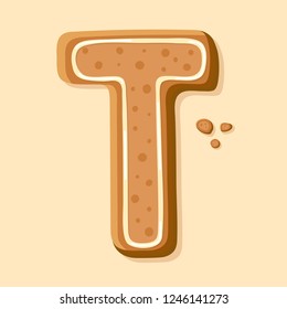 Handmade gingerbread letter T. Traditional Christmas cookie vector illustration. Cartoon style symbol. Art design letter.