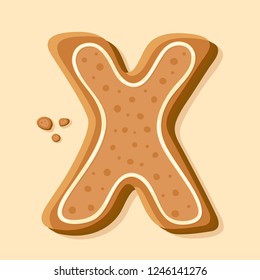 Handmade gingerbread letter X. Traditional Christmas cookie vector illustration. Cartoon style symbol. Art design letter.